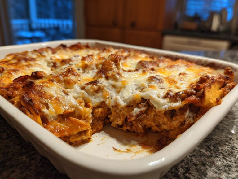 A close-up of a freshly baked enchilada casserole in a white baking dish, with melted cheese.