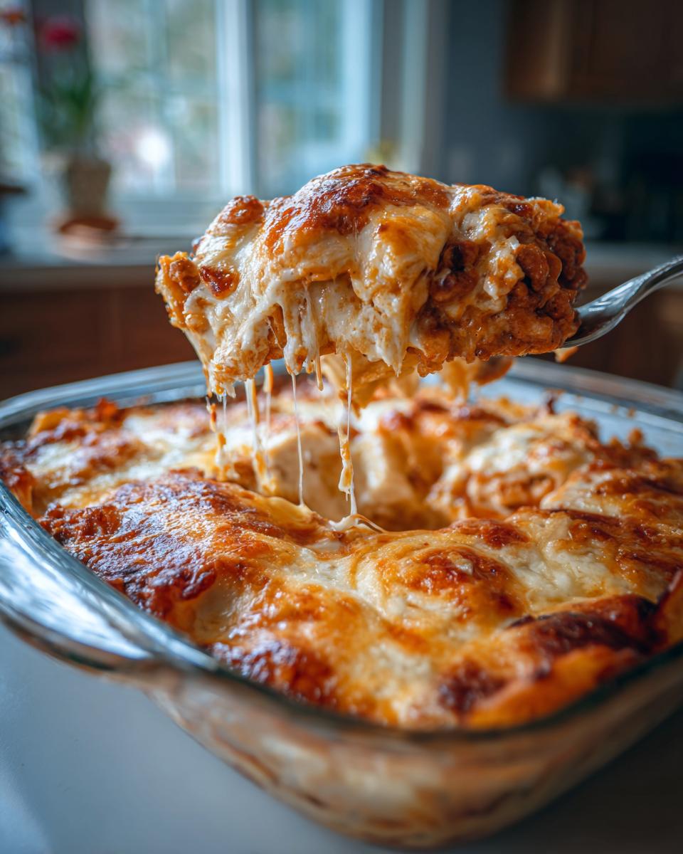 A fork lifts a cheesy, gooey slice of enchilada casserole from a baking dish, showing melted cheese strings.