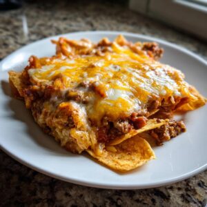 A close-up of a cheesy slice of enchilada casserole on a white plate, showcasing layers of tortilla chips, seasoned ground beef, and melted cheddar cheese.