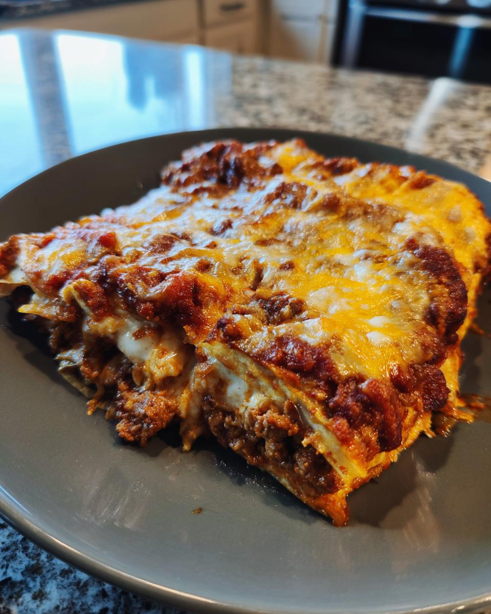 A close-up shot of a hearty slice of enchilada casserole on a dark plate, showing layers of tortillas, seasoned meat, and melted cheese.