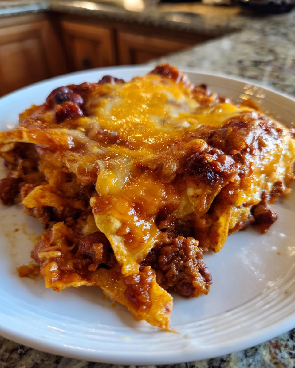 A close-up of a hearty slice of enchilada casserole on a white plate, featuring melted cheese and seasoned ground meat.
