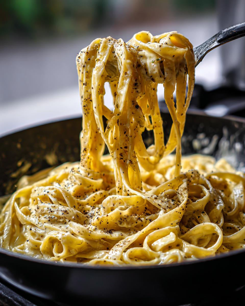 Close-up of creamy fettuccine Alfredo being twirled on a fork, with black pepper sprinkled throughout.