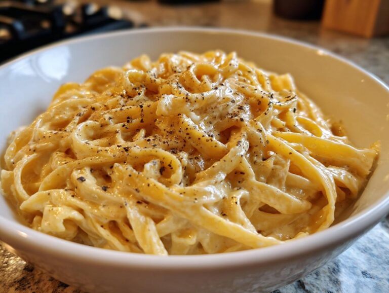 A close-up shot of creamy fettuccine Alfredo pasta generously coated in sauce and sprinkled with black pepper.