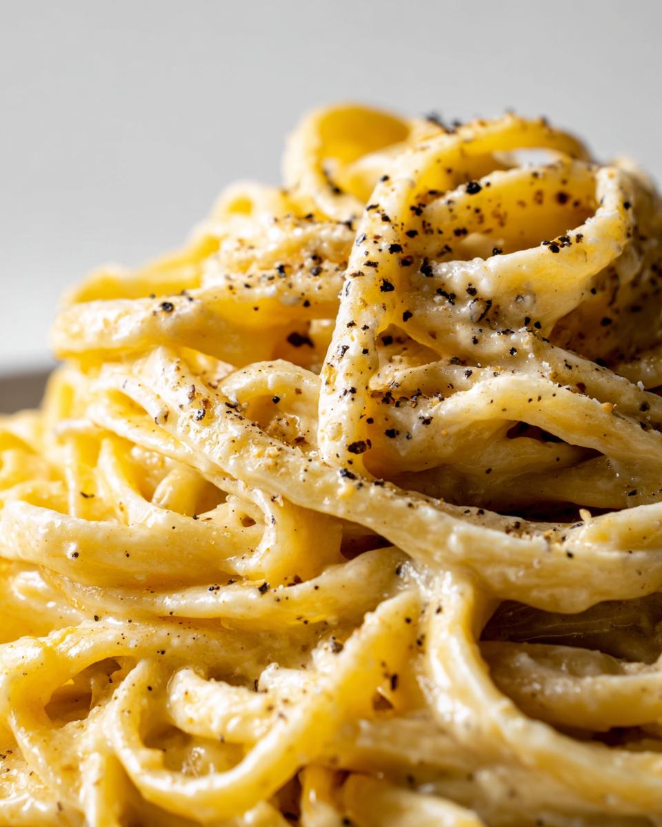 Close-up of creamy fettuccine Alfredo pasta generously seasoned with freshly cracked black pepper.