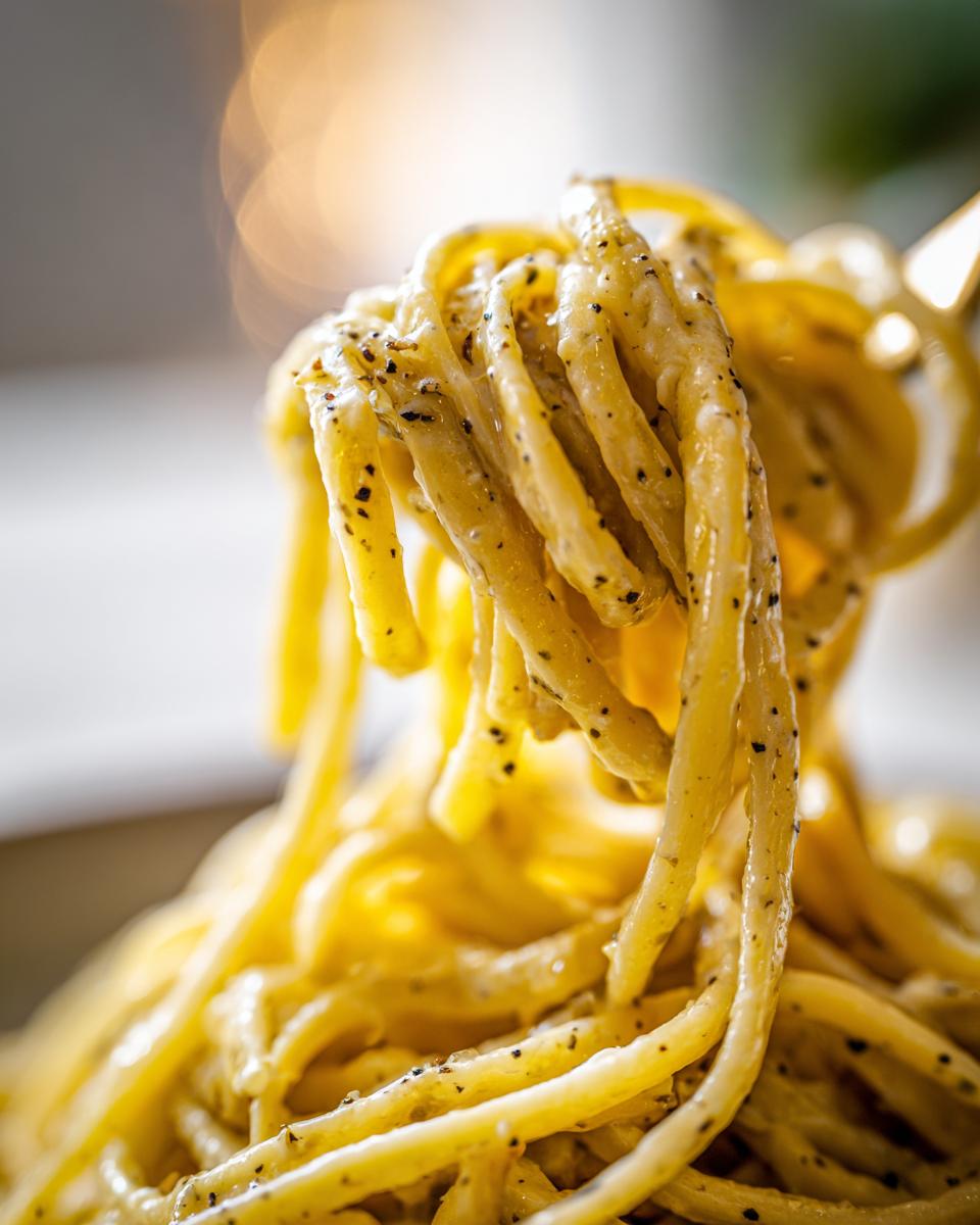 A fork twirls a generous portion of creamy Fettuccine Alfredo, coated in a rich sauce with visible black pepper specks.