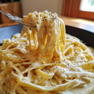 A fork lifting a swirl of creamy fettuccine alfredo, generously seasoned with black pepper.