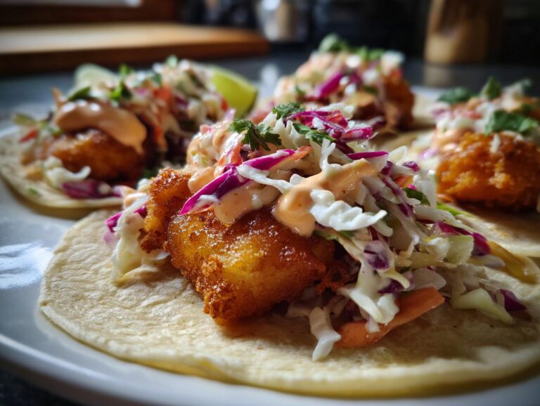 Close-up of delicious fish tacos with crispy fried fish, creamy slaw, and a drizzle of sauce on a tortilla.