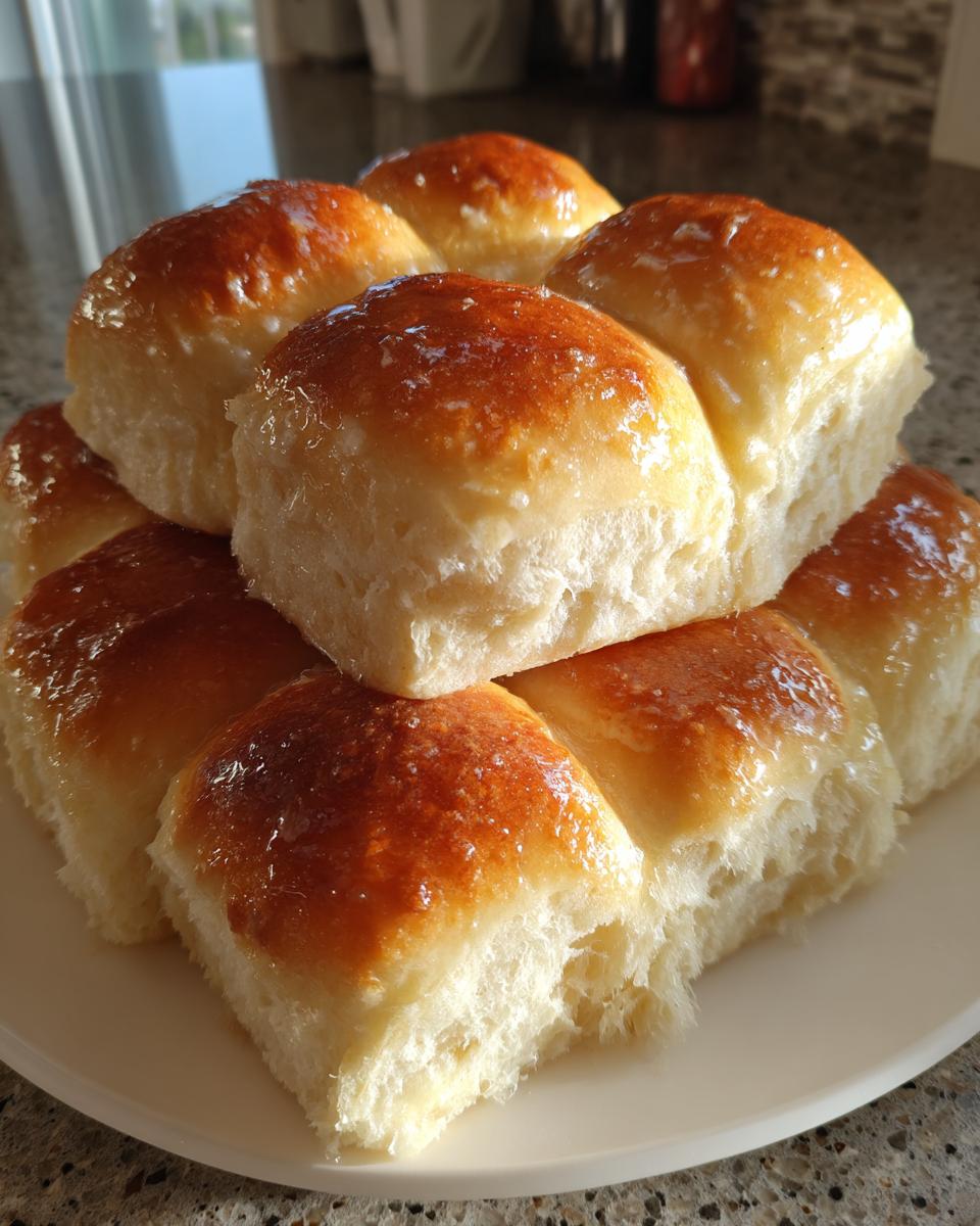 A stack of golden brown, fluffy dinner rolls with a glossy sheen, ready to be served.