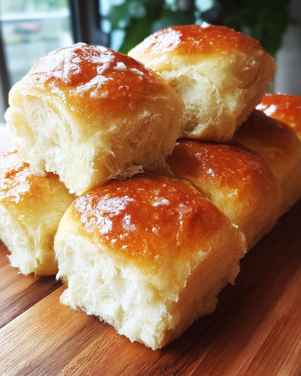 Close-up of a stack of fluffy dinner rolls with a shiny golden glaze on a wooden board.