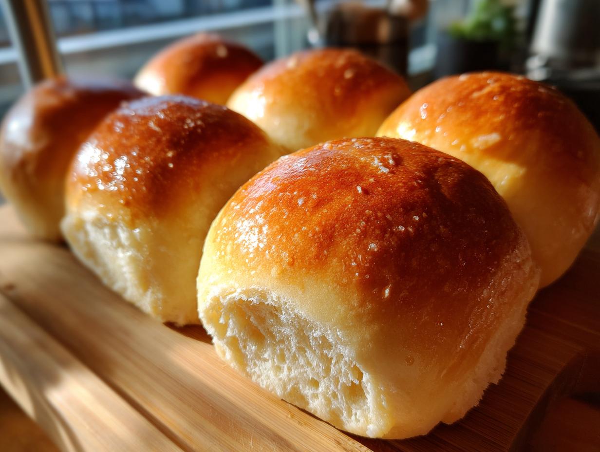 A close-up of several fluffy dinner rolls with a shiny, golden-brown crust, arranged on a wooden board.