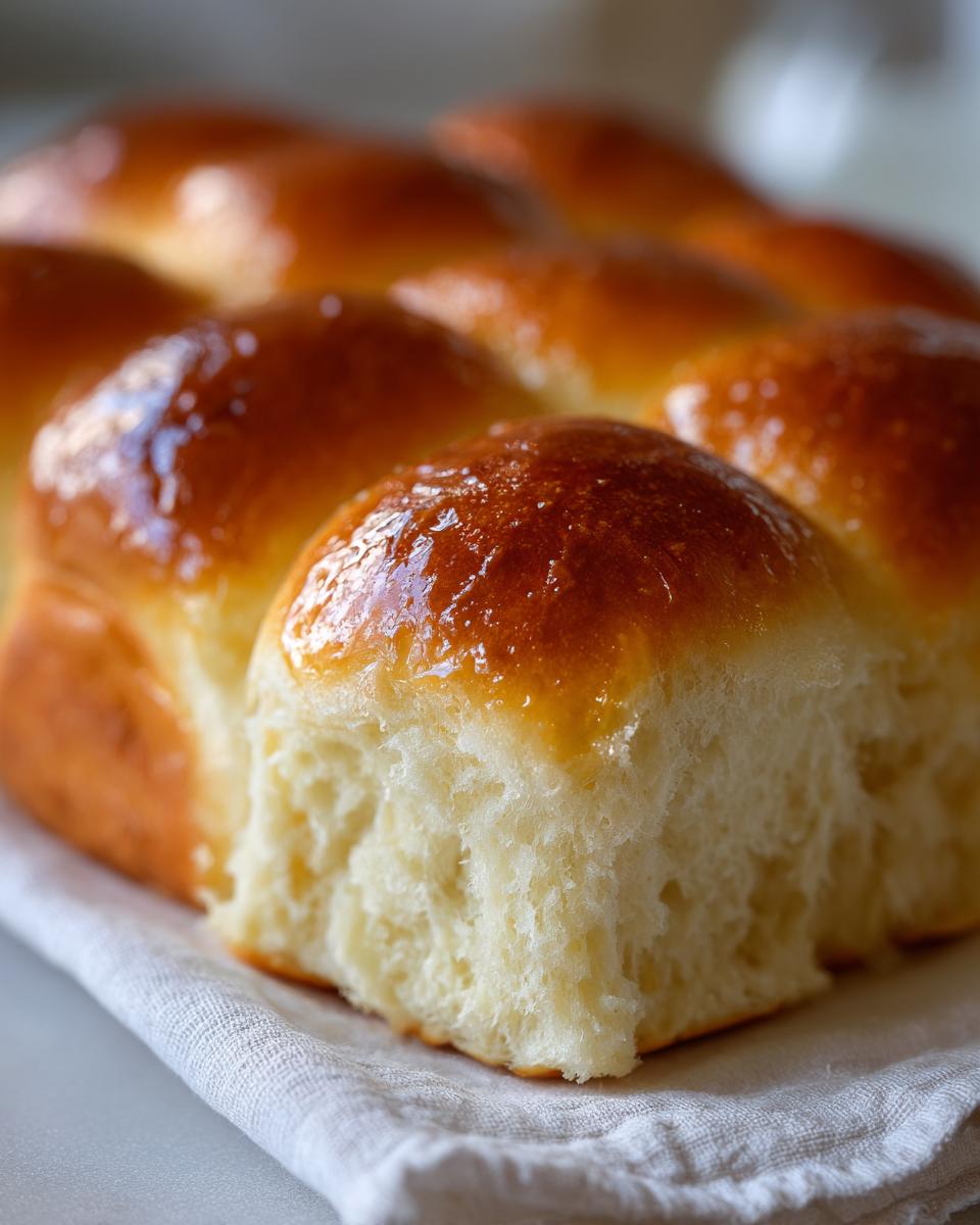 Close-up of a batch of fluffy dinner rolls with a shiny golden glaze, resting on a white linen cloth.