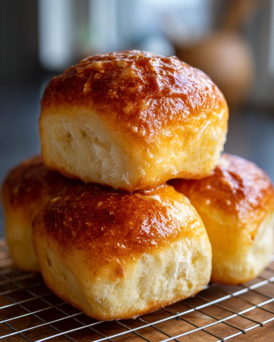 A close-up stack of four golden-brown, fluffy dinner rolls with a glossy sheen on a wire cooling rack.