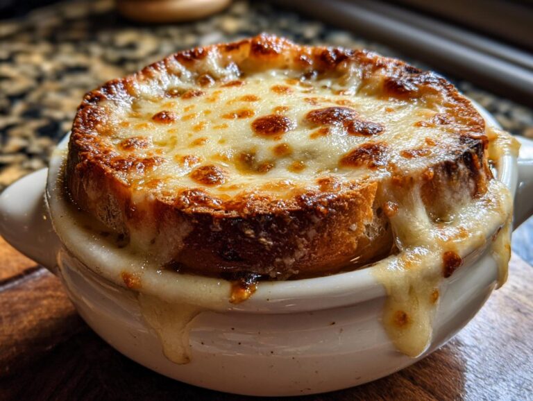 A close-up of a steaming bowl of French onion soup, topped with a thick slice of toasted bread and melted, browned cheese.
