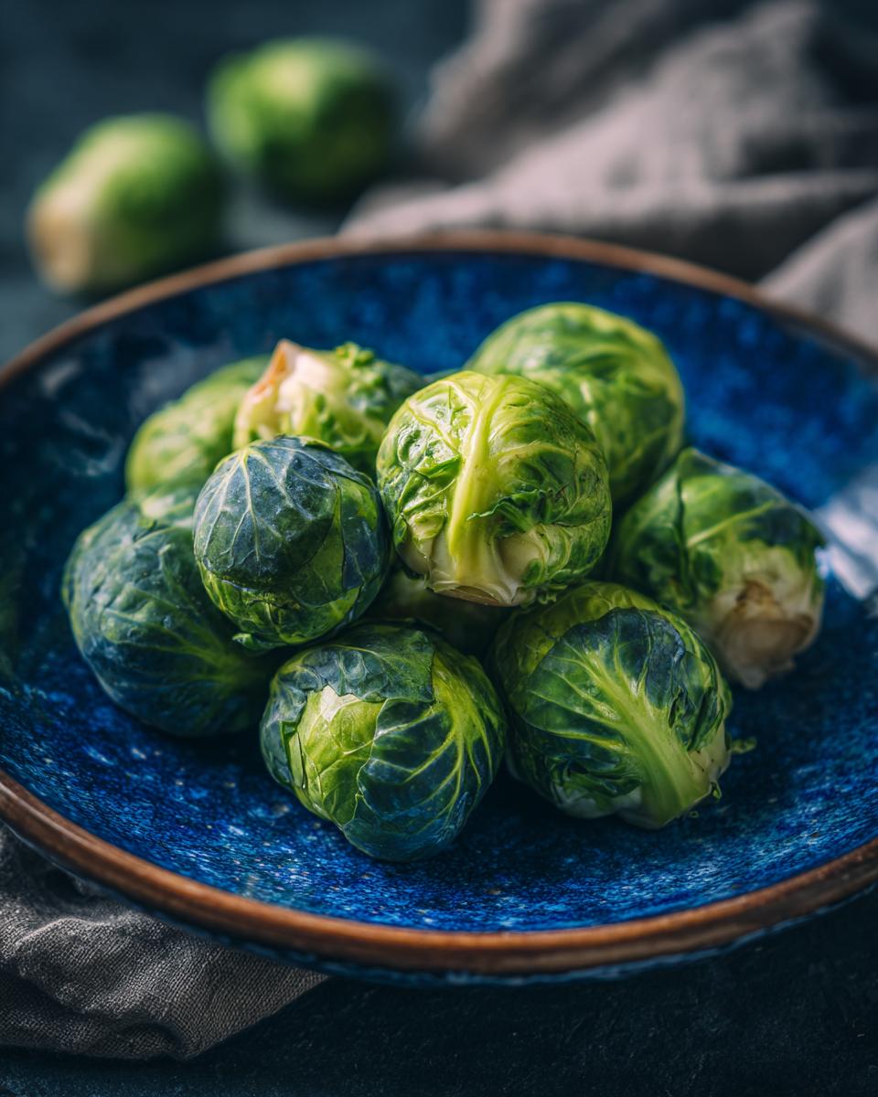 A close-up shot of fresh, green Brussels sprouts piled in a blue bowl, ready for roasting.