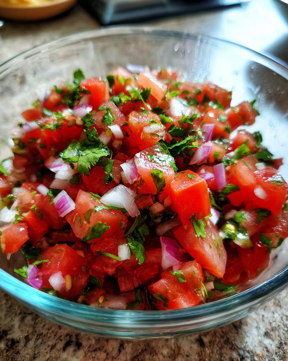 Close-up of a clear glass bowl filled with fresh, vibrant salsa, featuring diced tomatoes, red onion, cilantro, and jalapeño.