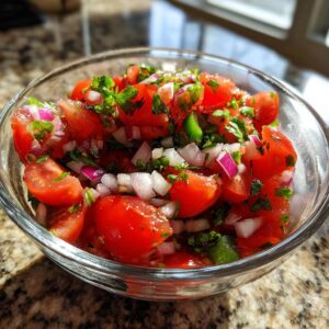 A clear glass bowl filled with fresh, vibrant salsa made with chopped tomatoes, red onion, cilantro, and jalapenos.