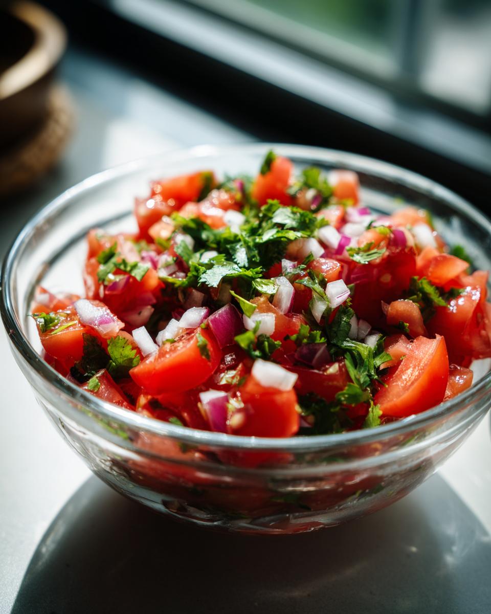 Close-up of a clear glass bowl filled with fresh, vibrant salsa, featuring diced tomatoes, red onion, and cilantro.