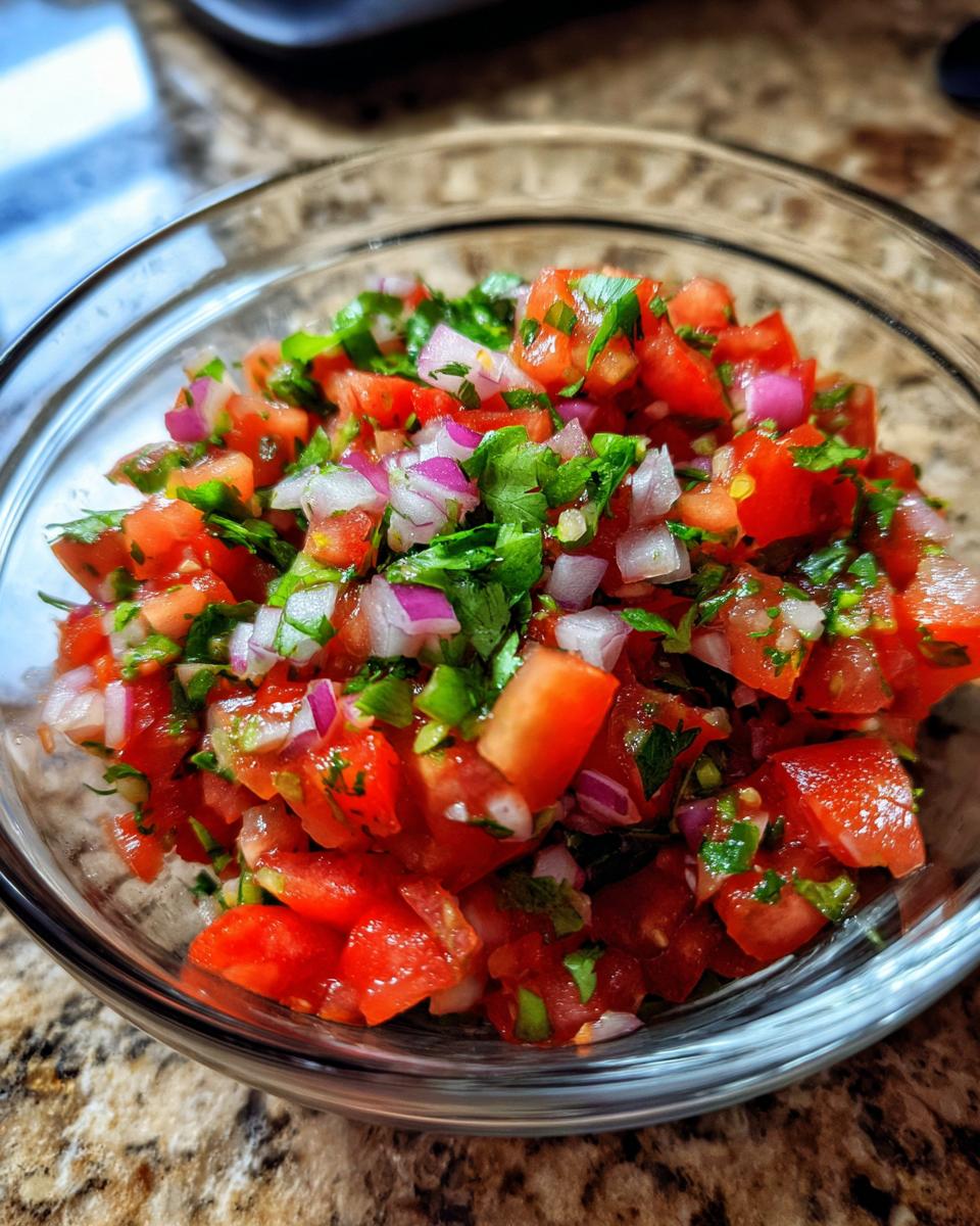 Close-up of a clear bowl filled with fresh, vibrant salsa made with chopped tomatoes, red onion, and cilantro.