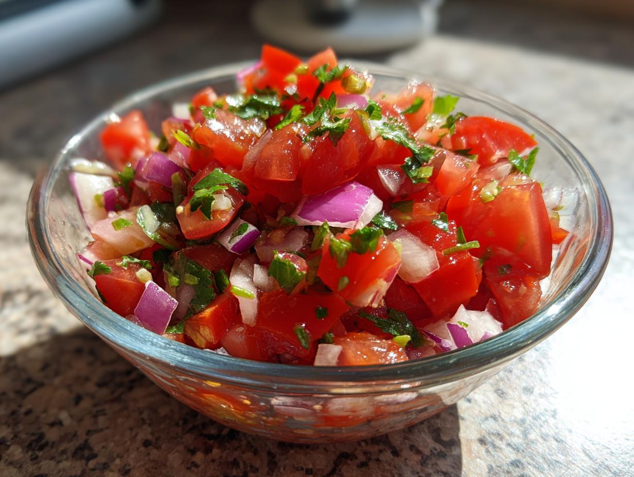 Close-up of a clear glass bowl filled with fresh, chunky salsa made from tomatoes, red onion, and cilantro.