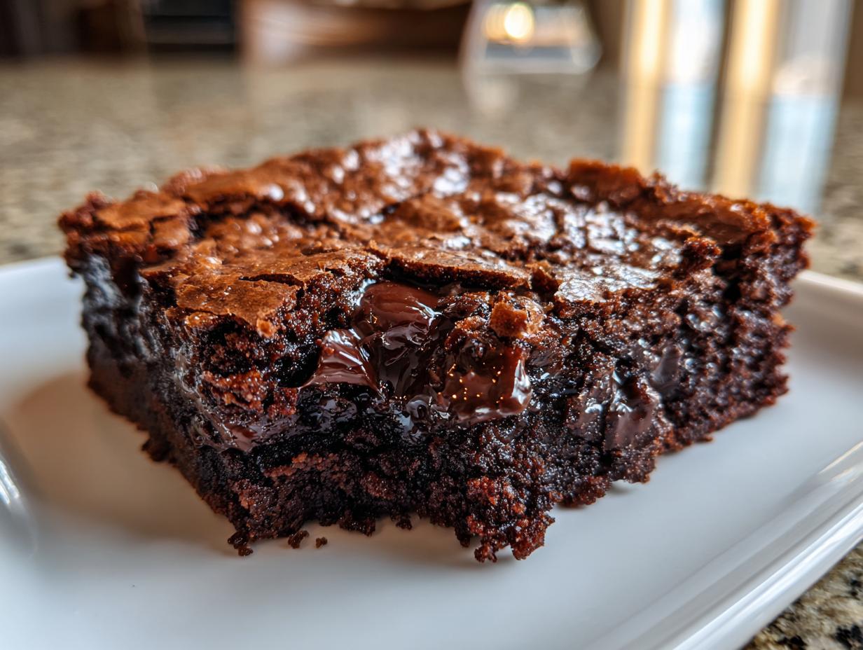 Close-up of a fudgy brownie with melted chocolate chunks, showcasing its rich texture.