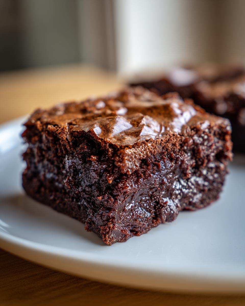 Close-up of a fudgy brownie slice on a white plate, showcasing its rich texture and glossy top.