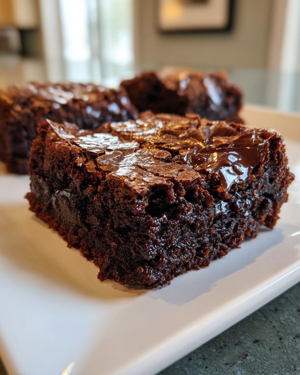 Close-up of a fudgy brownie with a glossy, cracked top and rich chocolate texture.
