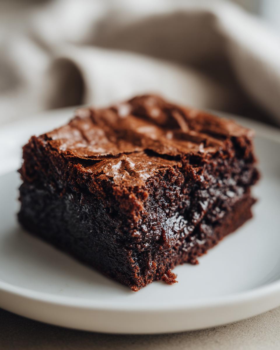 A close-up shot of a perfectly fudgy brownie on a white plate, showcasing its rich chocolate texture.