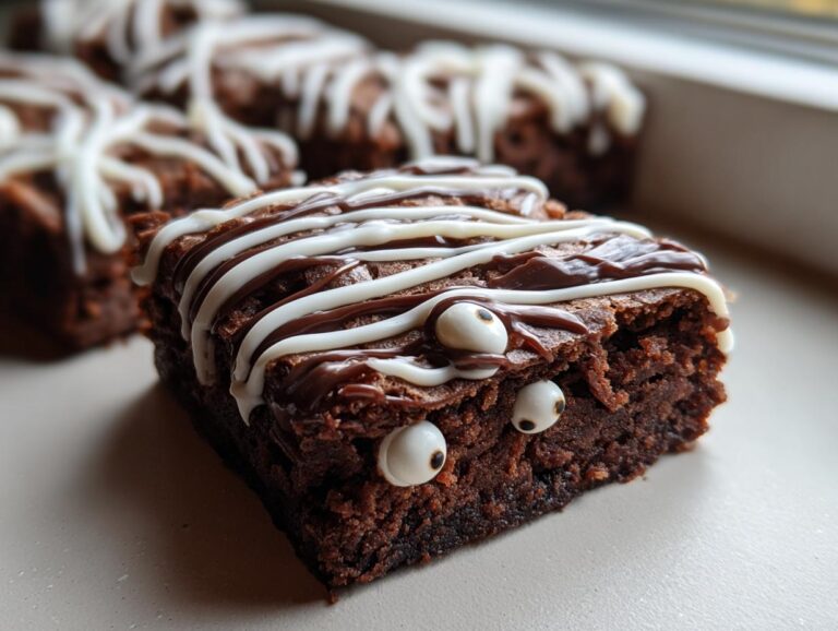 Close-up of a fudgy mummy brownie decorated with white and dark chocolate drizzle and candy eyes.