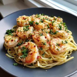 A close-up of delicious garlic butter shrimp scampi served over linguine pasta, garnished with parsley and red pepper flakes.