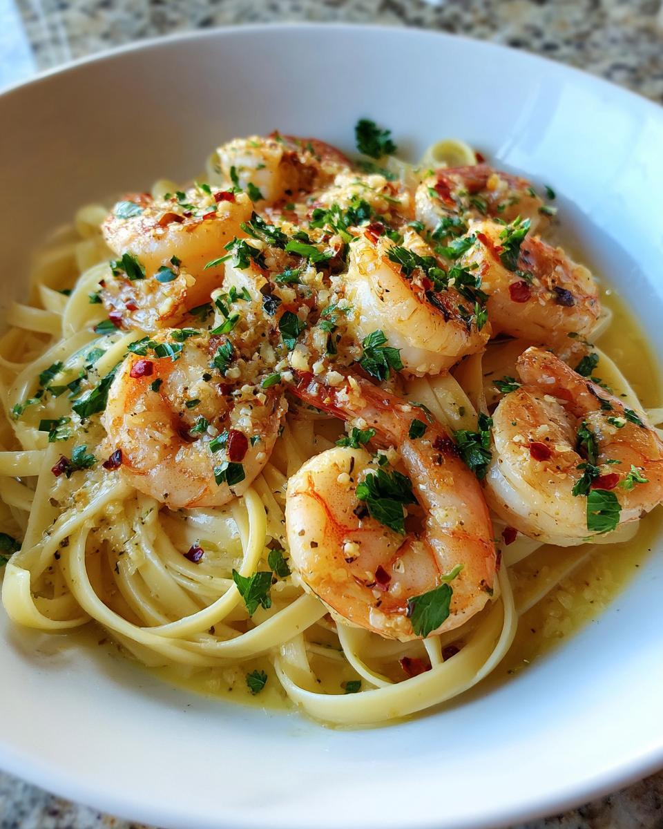 A close-up of delicious garlic butter shrimp scampi served over linguine pasta, garnished with parsley and red pepper flakes.