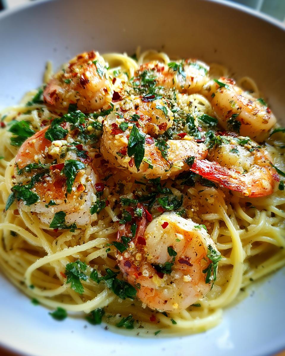 A close-up of delicious garlic butter shrimp scampi served over linguine pasta, garnished with parsley and chili flakes.