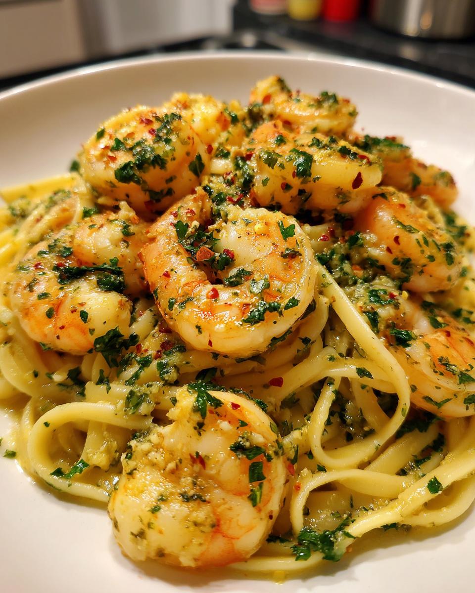 Close-up of a bowl of garlic butter shrimp scampi with linguine pasta, garnished with parsley and red pepper flakes.
