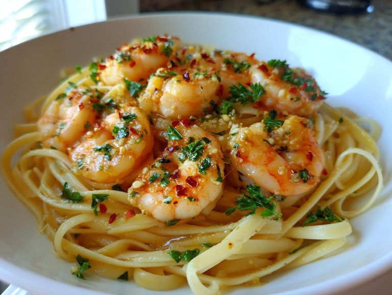 A close-up of delicious garlic butter shrimp scampi served over linguine pasta, garnished with parsley and red pepper flakes.