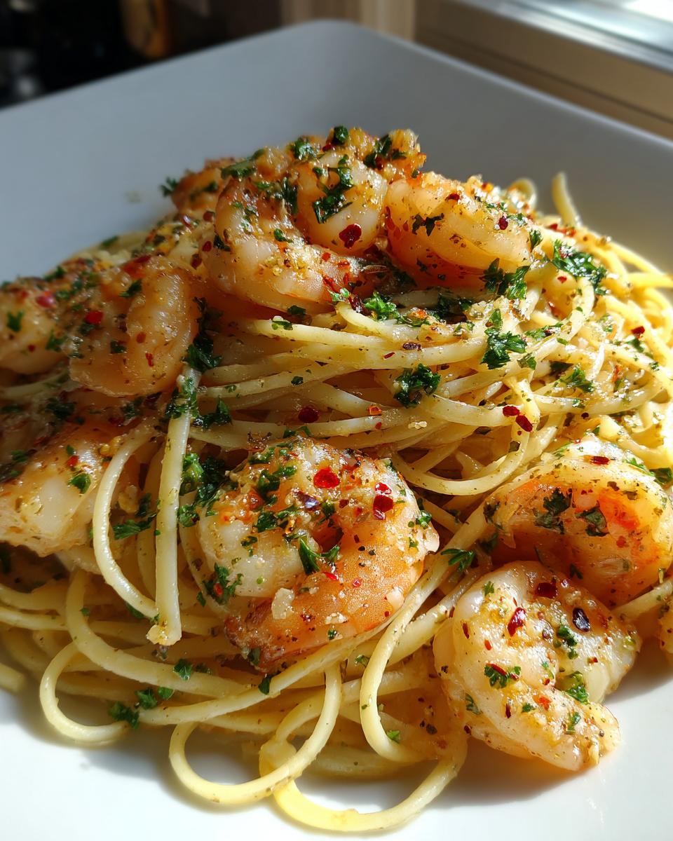 A close-up of delicious garlic butter shrimp scampi served over spaghetti, garnished with parsley and red pepper flakes.