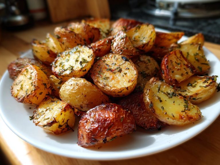 A close-up of golden, crispy garlic herb roasted potatoes on a white plate, seasoned with herbs.