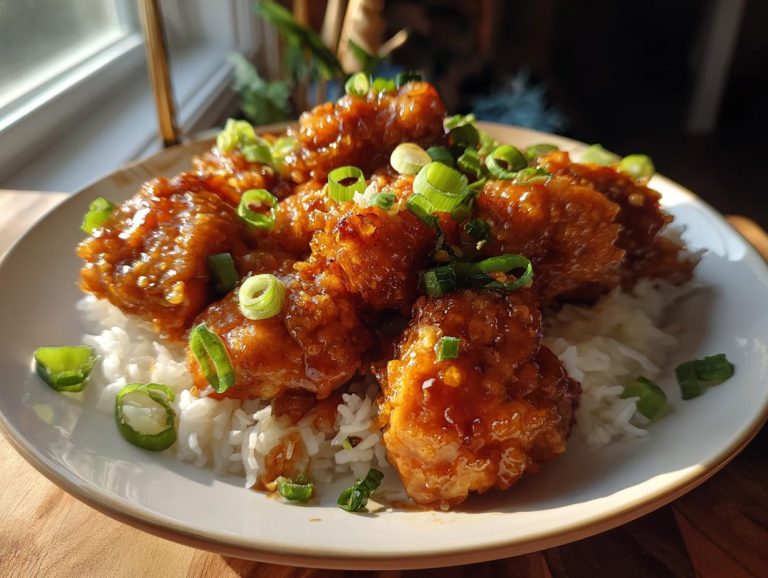 A plate of crispy General Tso's chicken pieces coated in a glossy sauce, served over white rice and garnished with chopped green onions.