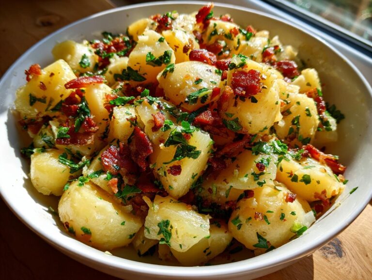 A close-up of a bowl of German potato salad, featuring tender potato chunks, crispy bacon bits, and fresh parsley.