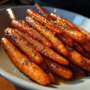 Close-up of a bowl filled with glistening glazed carrots, sprinkled with herbs.