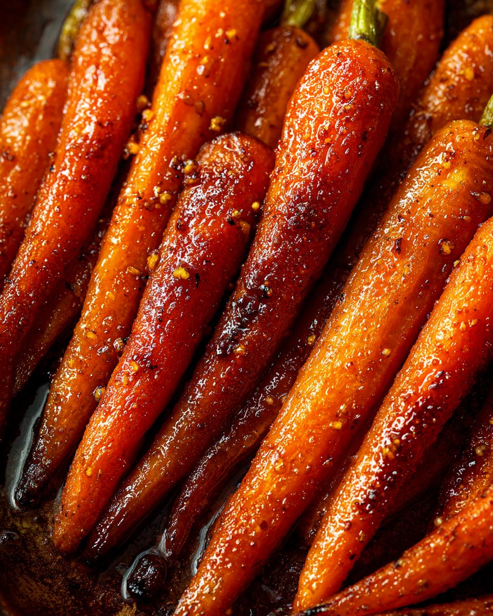 Close-up of tender, whole glazed carrots glistening with a sweet, savory glaze and spices.
