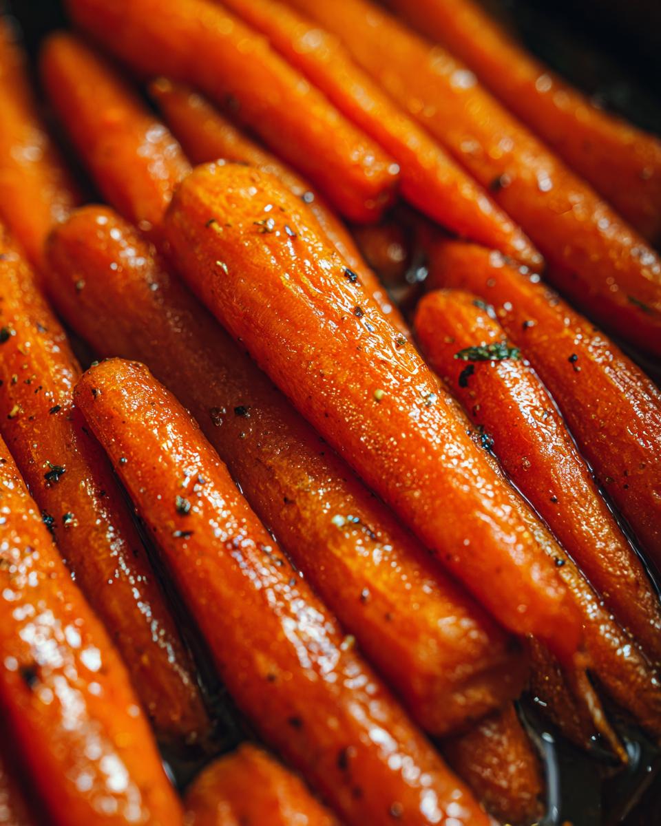Close-up of perfectly cooked glazed carrots with herbs and spices.