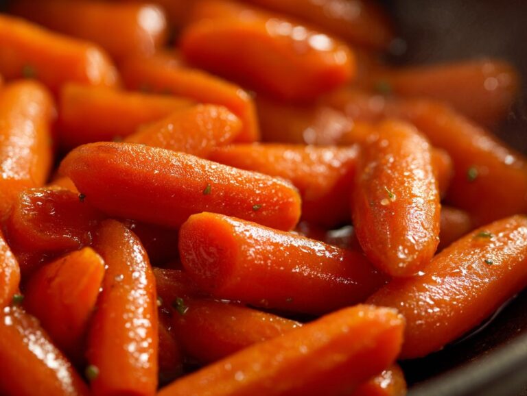 A close-up, detailed view of sweet glazed carrots, glistening and sprinkled with herbs.