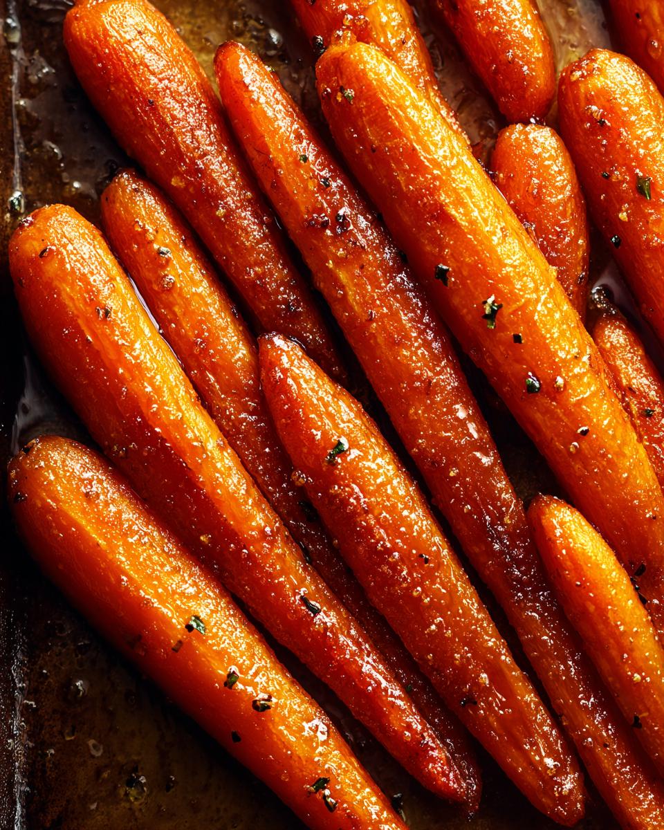 Close-up of perfectly cooked glazed carrots with herbs and spices.