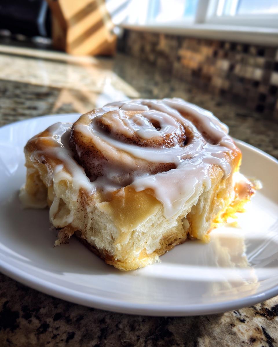 A close-up of a single, gooey cinnamon roll topped with creamy white icing, showcasing its soft texture.