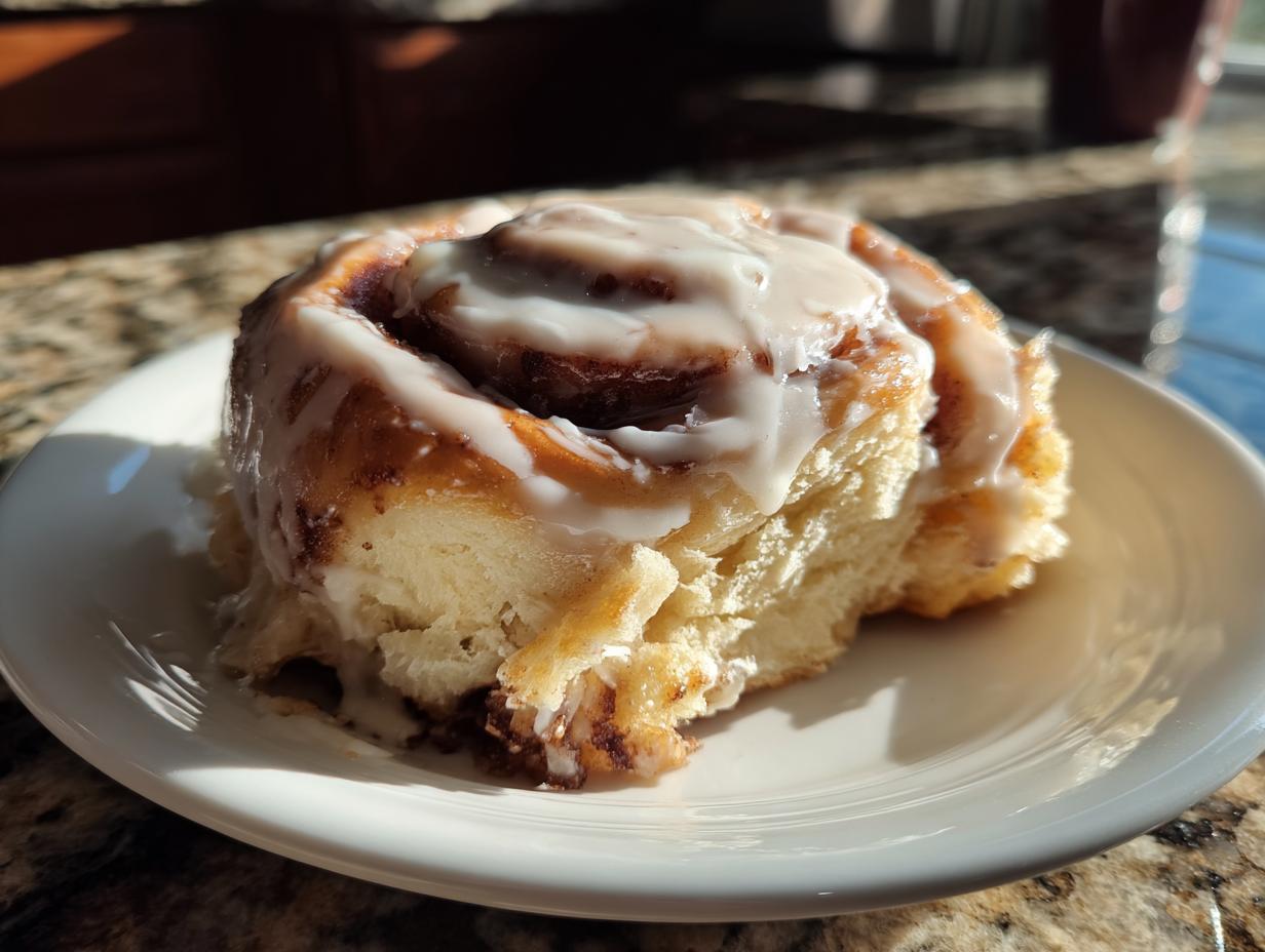 A close-up of a single, gooey cinnamon roll topped with cream cheese icing, ready to be enjoyed.