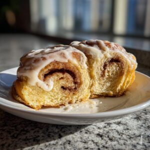 Close-up of two gooey cinnamon rolls on a white plate, one cut in half to show the swirl.