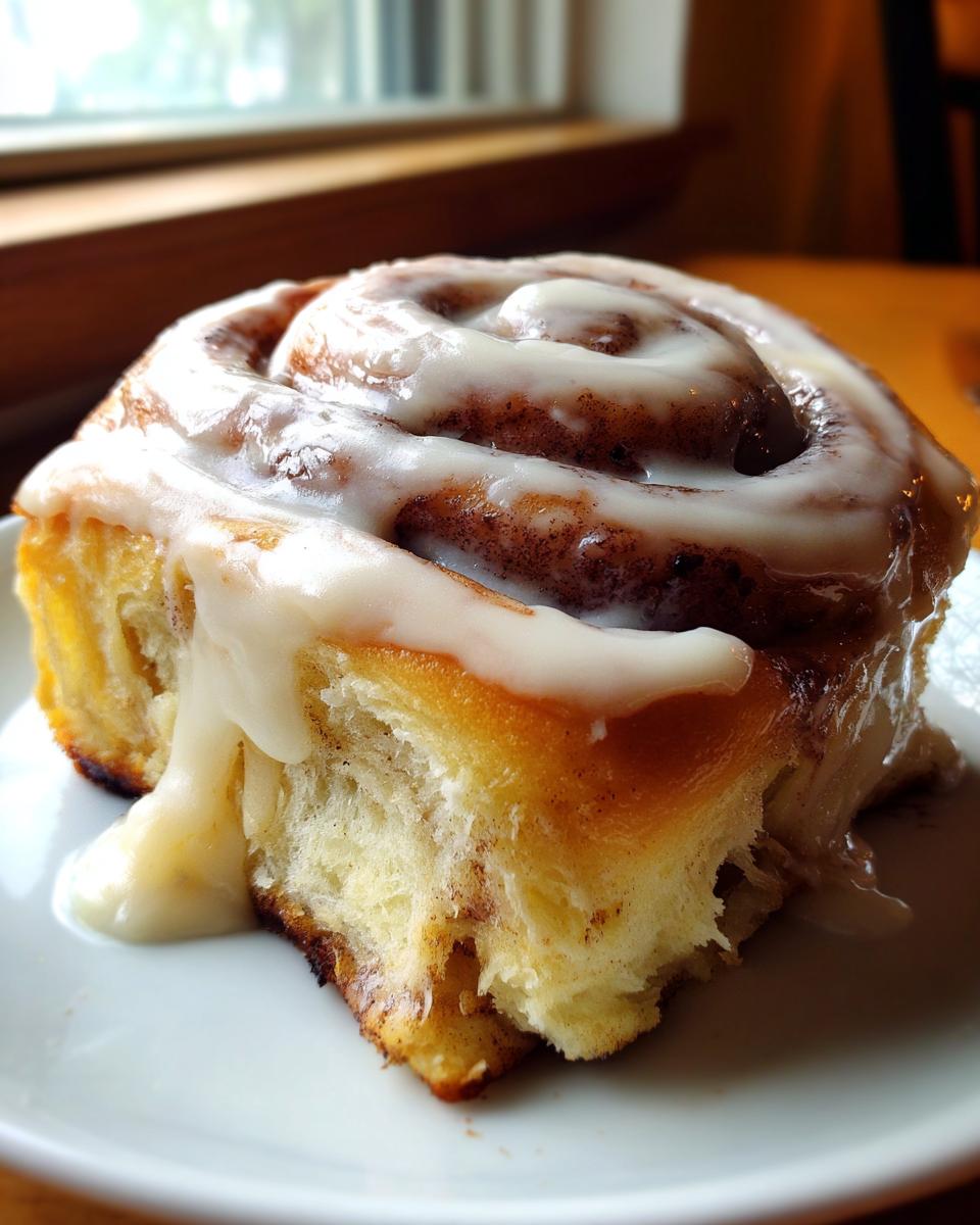 Close-up of a delicious, gooey cinnamon roll topped with creamy white frosting, showing the swirl and soft texture.