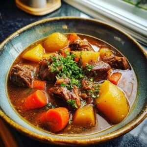 A hearty bowl of Grandma's Amazing Beef Stew, featuring tender beef chunks, potatoes, and carrots, garnished with fresh parsley.