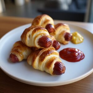 A plate of golden-brown pigs in a blanket, served with ketchup and mustard.