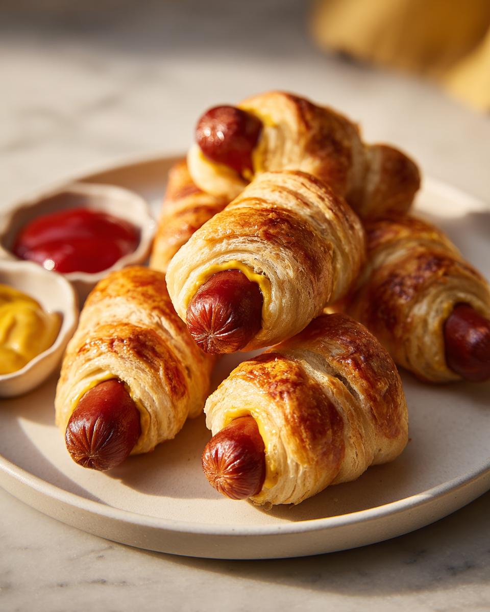 A pile of golden brown pigs in a blanket on a plate, served with ketchup and mustard.