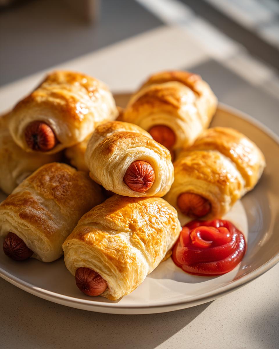 A plate of golden-brown pigs in a blanket, served with a dollop of ketchup.